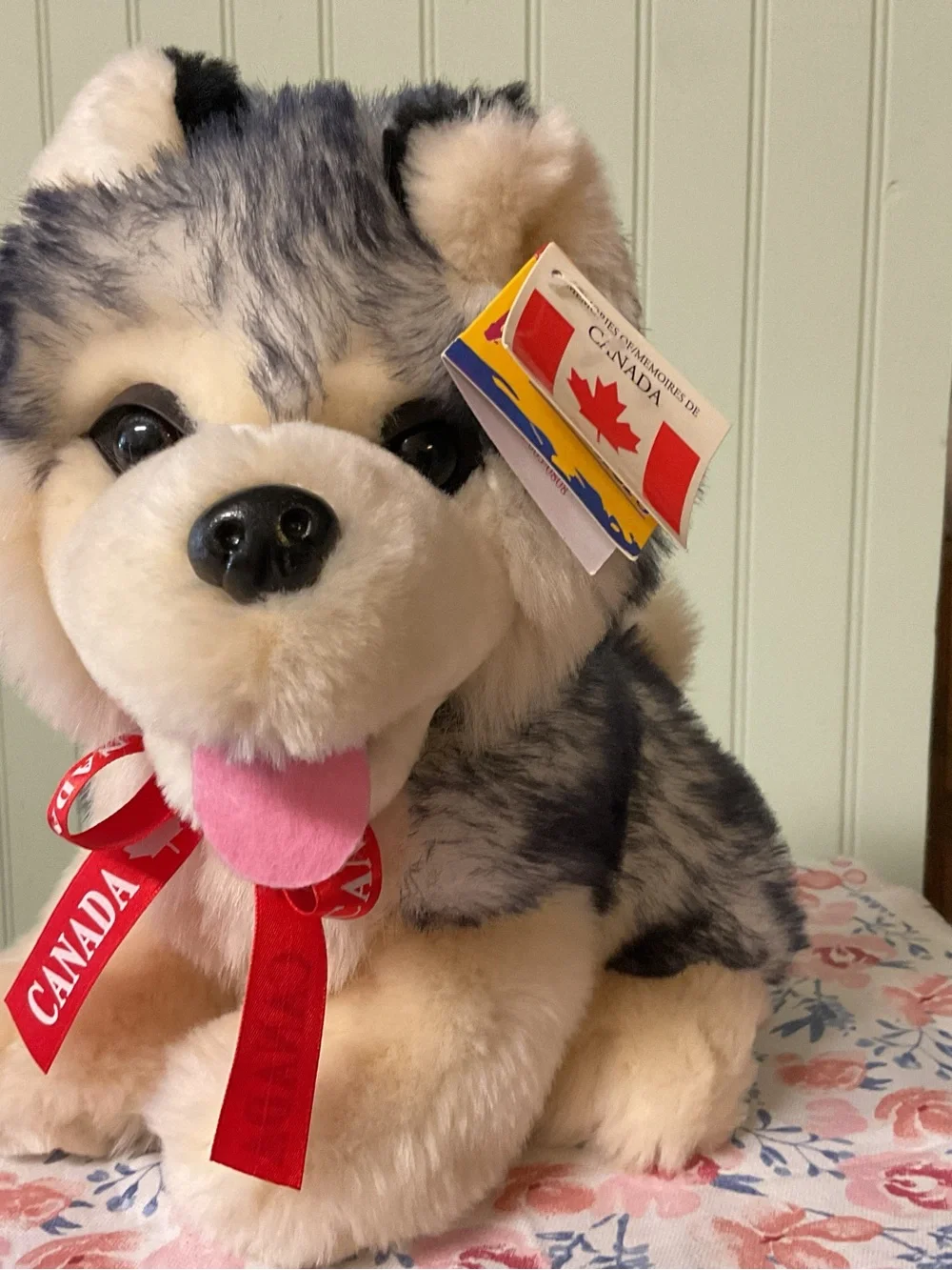 Plush Husky Dog Toy — Gray & Cream with Pink Tongue